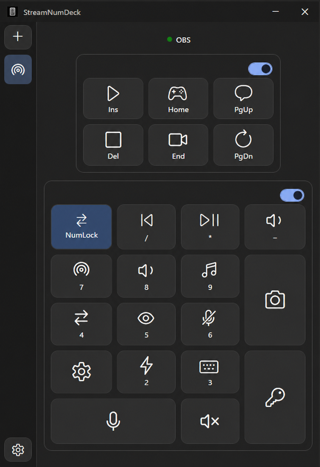 StreamNumDeck configured with OBS, audio, and streaming actions on numpad keys