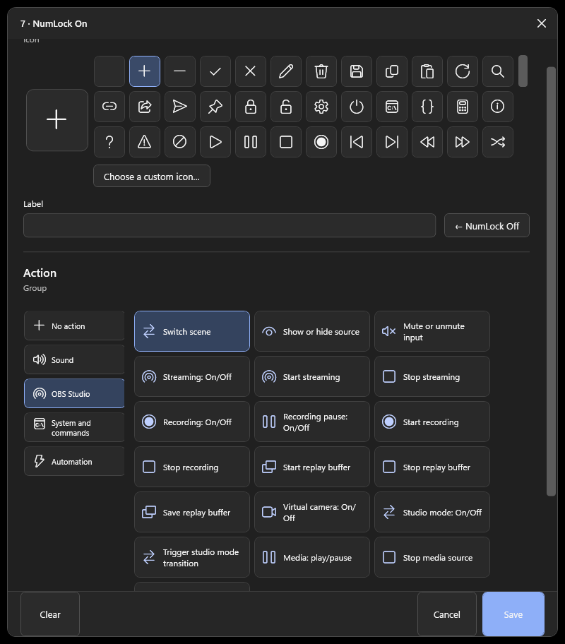 StreamNumDeck key editor with OBS Studio selected and actions including switch scene, source visibility, microphone mute, recording, streaming, and replay buffer