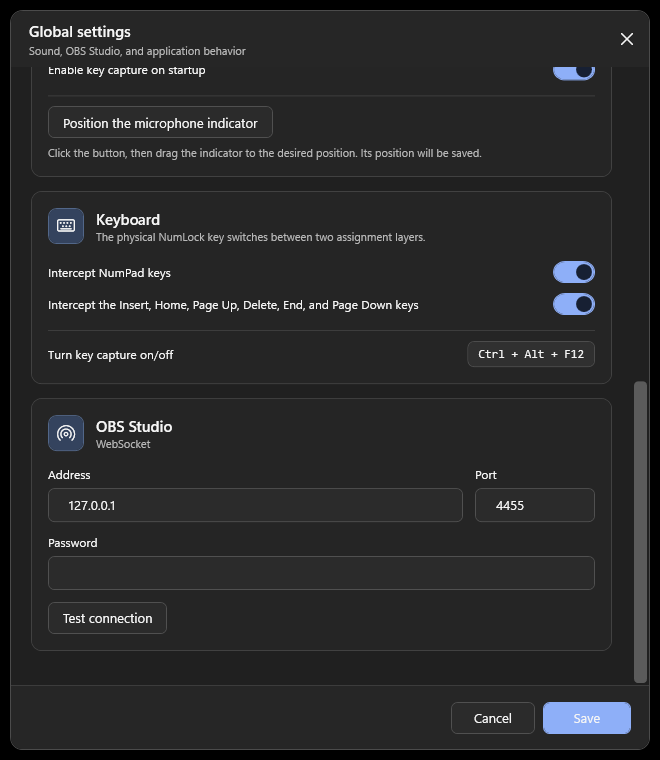 StreamNumDeck settings showing numpad capture and OBS WebSocket address, port, and password fields